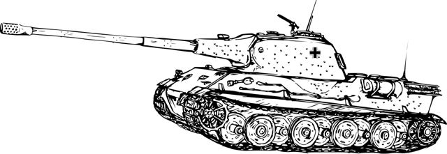 Sort-hvid tegning af Panzer VII Löwe set fra siden, med lang kanon og rundt tårn
